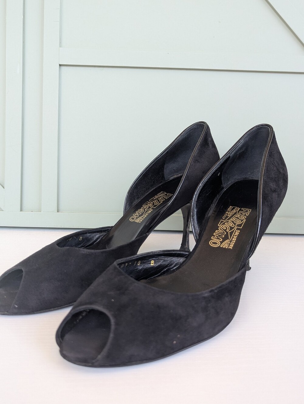 Salvatore Ferragamo Black Suede Peep-Toe Kitten Heels - Picture 2 of 12